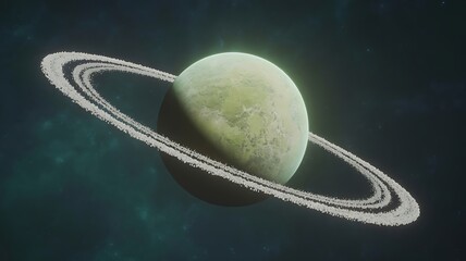 Green ringed exoplanet in deep cosmic space illustration.