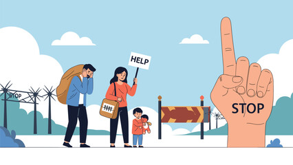 Group of refugees carrying their belongings and seeking help while a giant hand with a stop sign blocks their path at a border.