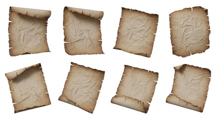 collection of eight aged paper scrolls isolated on a white background historical documents design