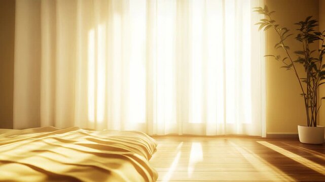 Room interior with warm morning light filtering through sheer curtains, illuminating the empty bed and wooden floor, creating a peaceful and comfortable atmosphere