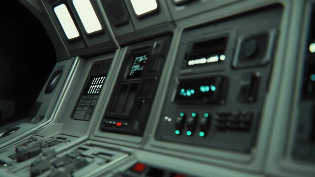 Spaceship cockpit control panel with organized screens, buttons and levers for advanced navigation, command and operational control of futuristic spacecraft systems and missions