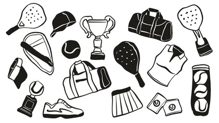 Black and white hand-drawn vector set of tennis padel equipment and accessories. Minimalist doodle style isolated on white background, perfect for sports design, branding, posters, and prints. © NUR