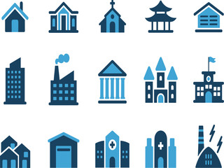 Professional real estate and public building icon set, modern house architectural exterior and city infrastructure illustration