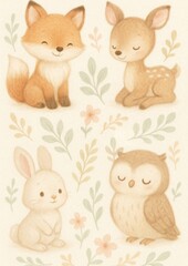 Fototapeta premium Cute woodland animals illustration wallpaper.