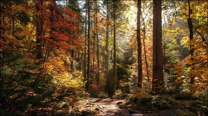 Obraz premium Autumn Forest Scene with Vibrant Colored Leaves and Dappled Sunlight 
