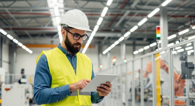 Professional male engineer in white hard hat and safety vest using digital tablet to monitor automated production line in modern manufacturing factory.