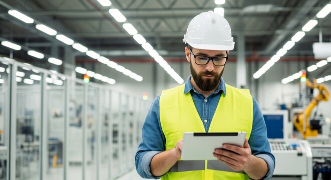 Professional male engineer wearing a white hard hat and safety vest using a digital tablet while working in a modern high-tech automated factory with industrial robotic arms.