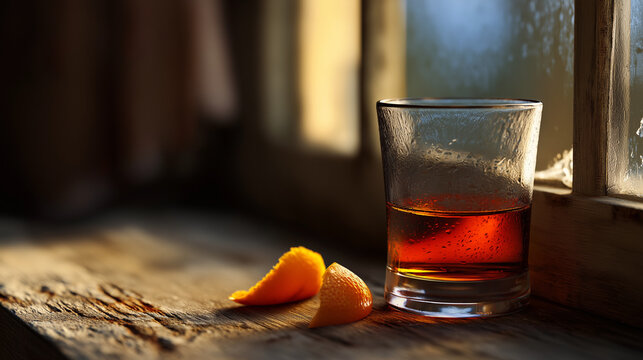 amaro. A glass of amber liqueur with an orange peel on a rustic wooden table. bar promotions, beverage menus, designed for food & beverage menus and cafe branding, enhances appetite appeal.