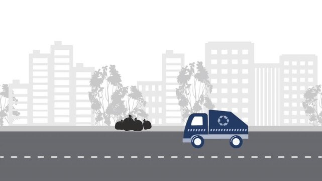 Garbage Collection Animation. Garbage Truck Drives down the Street and Collects Trash. City Street. Blue Truck, Black Garbage Bags, Road, Buildings Silhouettes. Video in Blue, Black, Gray, White