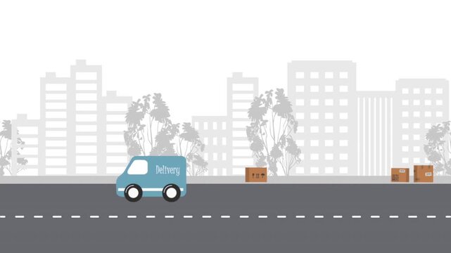 Delivery Van Animation. Delivery Van Drives down the Street and Delivers Parcels to Recipients. City Street. Blue Van, Brown Cardboard Boxes, Road, Buildings Silhouettes. Video