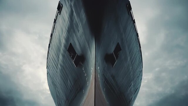 Large ship's bow and hull dominating the frame, seen from below against a dramatic, overcast sky, conveying strength, journey, and powerful construction