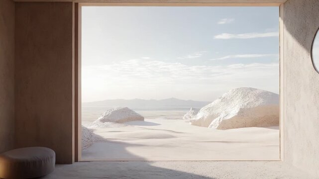 Minimalist concrete room with spherical lamp and pouf opening to a vast white rock desert and distant mountains under a serene sky, evoking calm, solitude, and contemplation