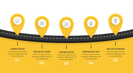 Obraz na płótnie Canvas Business roadmap infographic template with five location pins on curved road with yellow background