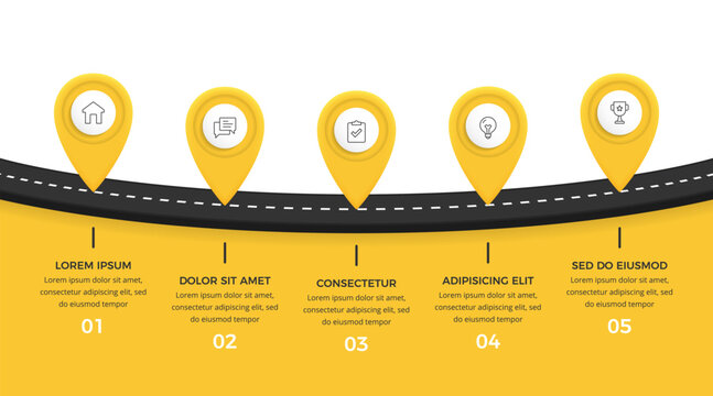 Business roadmap infographic template with five location pins on curved road with yellow background
