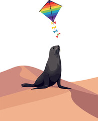 Fototapeta premium Pixel Art Seal Flying Rainbow Kite on Sand Dunes White Background