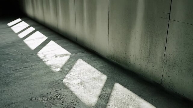 Diamond shaped light patches illuminating a rough textured concrete floor and wall, creating a strong contrast between light and shadow and highlighting architectural details