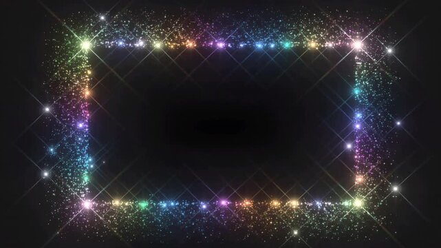 Rainbow Glitter Frame with Starbursts on Black Background border sparkle