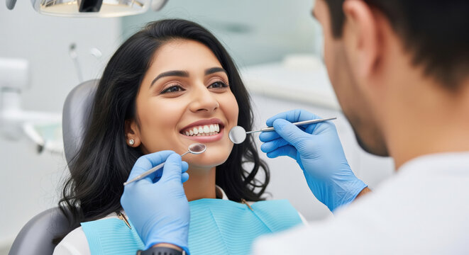 Happy patient getting dental check-up at modern clinic.