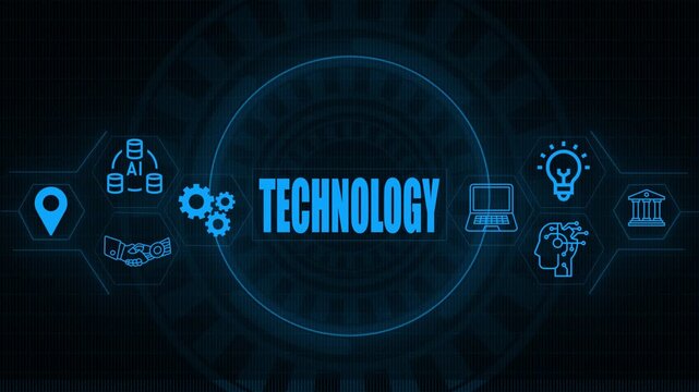 Digital technology concept with glowing blue and the word technology in the center against a dark textured background with circular patterns