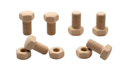 assortment of beige bolts and nuts arranged on white background engineering construction or diy projects