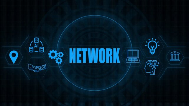 Digital network concept with glowing blue and the word network in the center against a dark textured background with circular patterns keywords