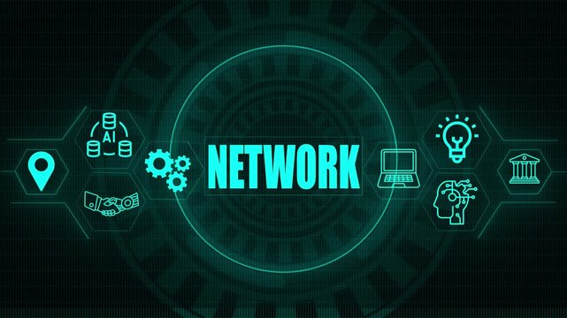 Teal digital network concept with glowing and the word network in the center against a dark textured background with circular patterns keywords
