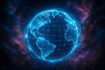 Obraz premium Abstract glowing blue earth network in futuristic digital space