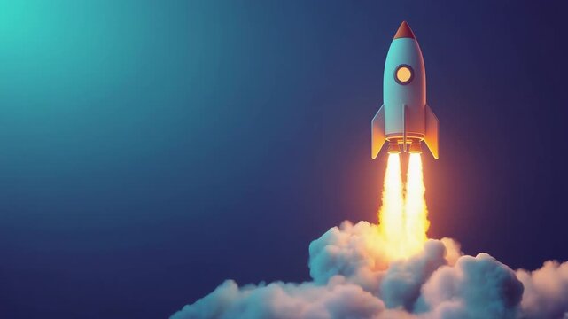 Rocket launch with bright flames and smoke rising into the dark sky during night space exploration