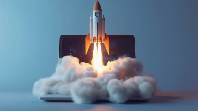 Creative rocket launching from laptop screen with smoke and fire symbolizing technology innovation and startup growth