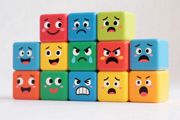Colorful Emotion Cubes with Cartoon Facial Expressions on White Background for Kids Emotional Learning and Creative Education