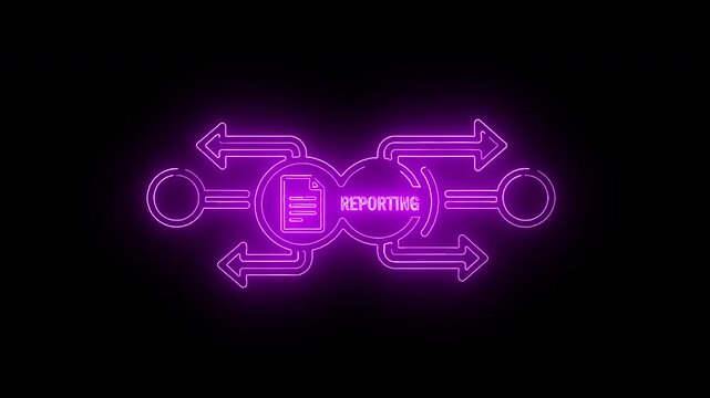 Neon purple graphic illustration of interconnected arrows and icons on a black background with a futuristic and technological mood.