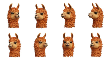 Fototapeta premium various animated llama heads in different poses on white background educational content product design and artistic projects