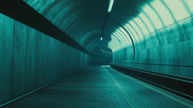 Abstract tunnel featuring a futuristic underground perspective with bright turquoise lighting, concrete walls, and a moving walkway, creating a sense of travel and progress