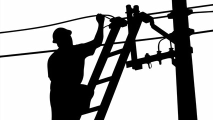 Electrician working on power lines from a ladder