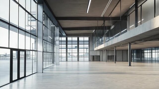 Empty interior of a modern industrial hall featuring a minimalist design, large glass facade, concrete floor, mezzanine level, and abundant natural light transforming for business use