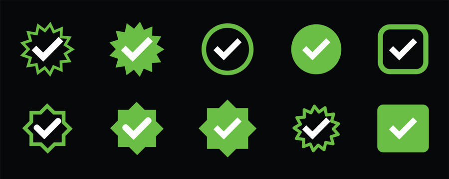 Collection of green checkmark icons in various shapes and outlines. checkmark vector, checkmark icon set, approved symbol, checked checkbox mark, checkmark set, editable line.