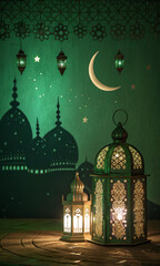 ramadan kareem social media banner with crescent lanterns vertical mobile wallpaper Ramadan kareem green background islamic social media banner

