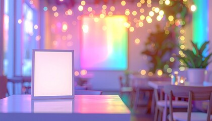 ゆめかわいいカフェの店内に置かれた、合成用の空白のホワイトボード・モックアップ