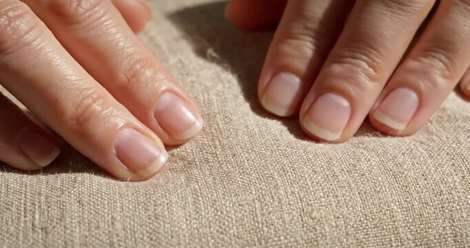 Close-up of hands gently pressing on textured fabric, showcasing natural nail care and detail