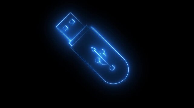 Glowing neon USB pen drive icon isolated on black background. USB drive icon animation. Security, safety, protection concept. USB flash drive icon neon animation