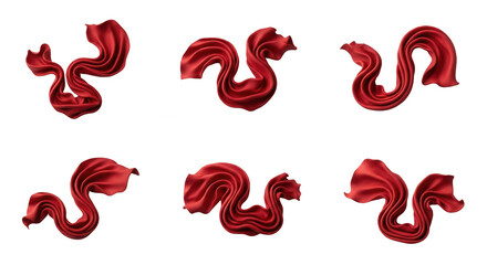 six images of red silk cloth in snake like shapes against a white background useful for abstract design and backgrounds
