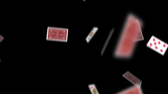 Falling playing cards graphic video. 3D animation, with alpha channel, green screen, loop animation. Falling playing cards used in casinos and gambling.trick.magic.magician.illusionist.