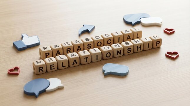 Wooden cubes spelling 'Parasocial Relationship' on desk