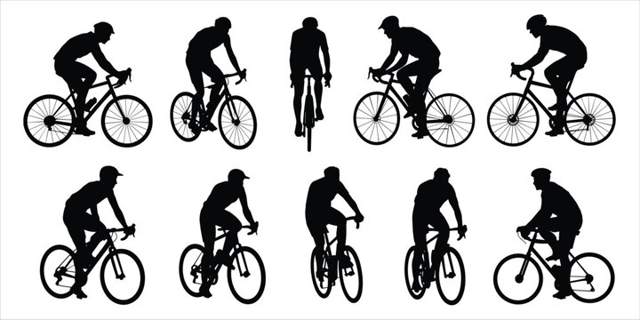 Silhouettes of Cyclists in Various Poses on White Background Keywords: cyclist, cycling, bicycle, sport, silhouette, man, woman