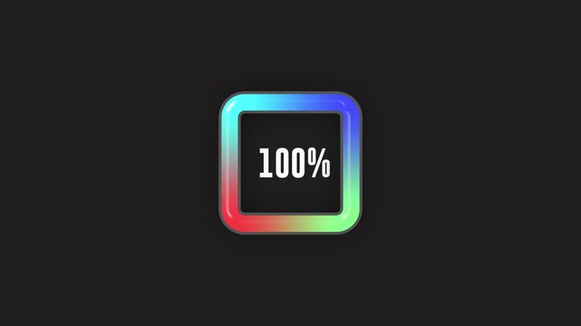 Loading indicator Progress bar 100%.Neon color, black background Percentage meter. UI, hundred percent User interface loading symbol. Download process. Circle icons set, loading circle download.	