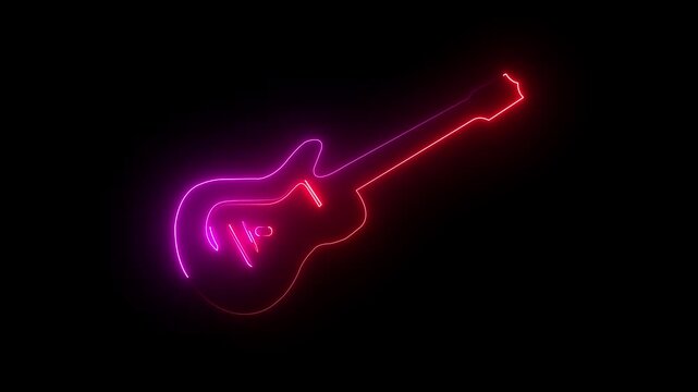 Glowing neon guitar icon animation music neon icon with line design isolated Eye-Catching Neon Electric Bass Guitar animation on black background.4k video