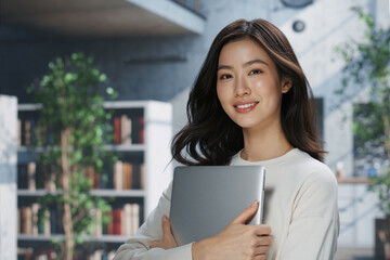 ノートパソコンを持った笑顔の女性 Generative AI