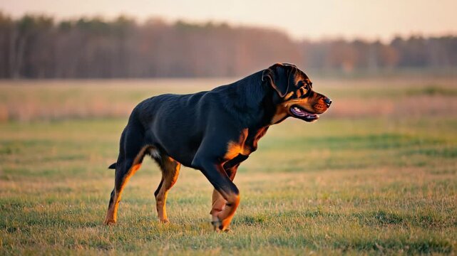 Rottweiler Dog Walking in Field During Golden Hour Cinematic Motion Stock Footage