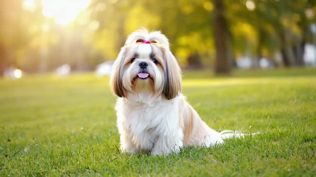 Shih Tzu Dog Sitting on Green Grass Park with Soft Sunlight and Trees