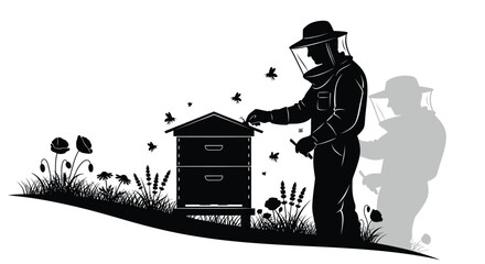 Beekeeper tending to a hive with flowers a striking black silhouette © Rita